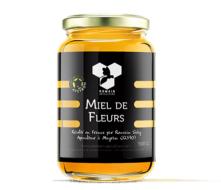 Miel de fleurs, pot de 500g, produit par Romain Apiculture