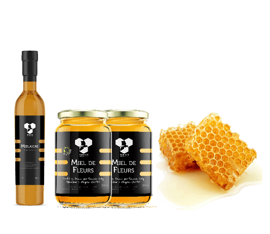 Coffret des Gourmets composé d'un mielaigre, deux pots de miel, et un miel en brèche